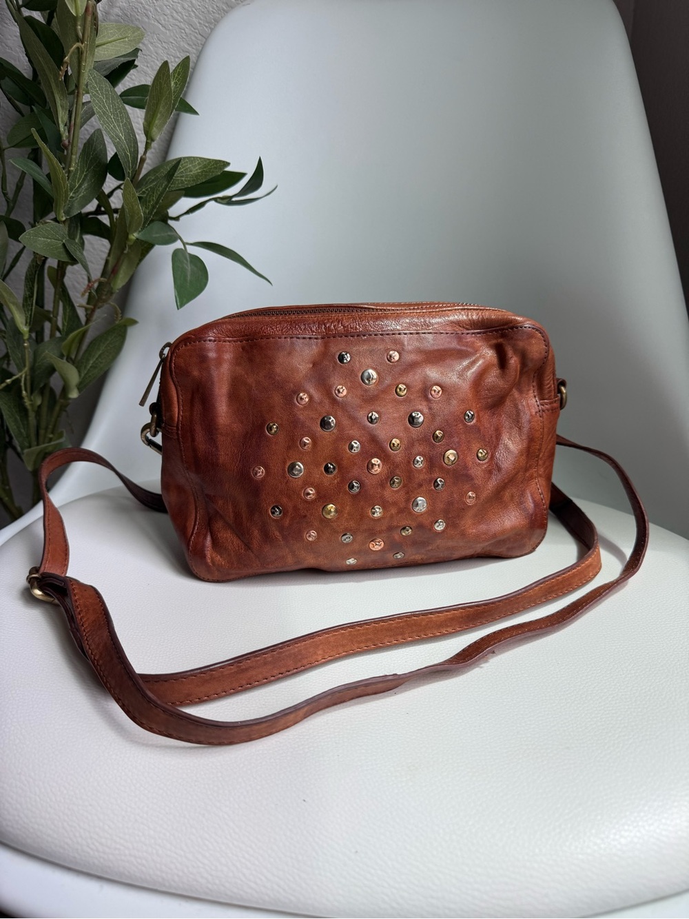 Vera Pelle Cognac Studded Leather Double-Zip Crossbody Bag